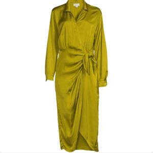Graham & Spencer Chartreuse Green Midi Wrap Dress Long Sleeve Small